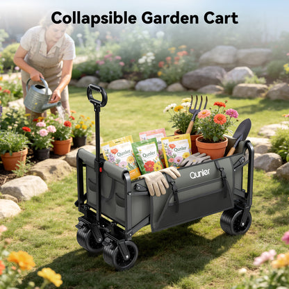 Qunler Collapsible Wagon Cart Foldable with Side Pocket, 560lbs Folding Utility Wagon with Tank Wheels for Camping, Shopping, Grocery, Garden, Grey