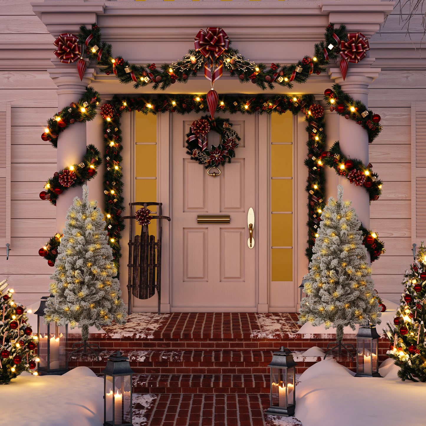 Qunler 4FT Pre-Lit Flocked Christmas Tree with 360 Branch Tips, Snow Artificial Xmas Tree with 100 LED Lights for Holiday, Outdoor, Indoor, Home