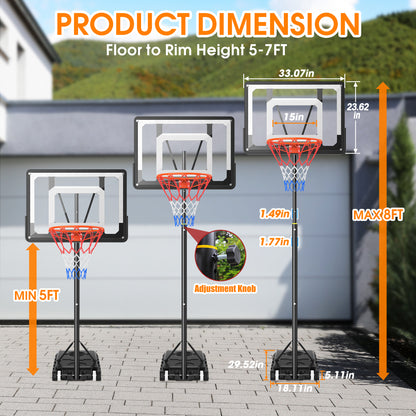 Qunler Basketball Hoop with 5-8ft Adjustable Height for Kids Teenagers Youth Junior, 33'' Portable Basketball Hoop with Stand & Backboard Wheels for Basketball Goals Indoor Outdoor Play