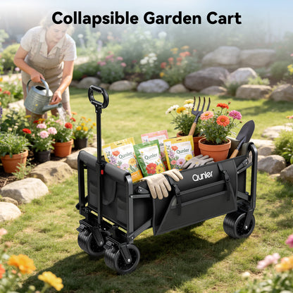 Qunler 560lbs Large Collapsible Folding Wagon with Oversized Tank Wheels, Heavy Duty Big Bucket Utility Garden Cart with Side Pocket for Sports, Shopping, Camping, Kids, Black