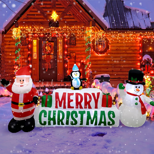 10ft Christmas Inflatable Merry Christmas Sign with Santa, snowman & penguin, Christmas Inflatable Decoration with Build-in LEDs for Xmas Party Outdoor Yard Garden Lawn Winter Decor