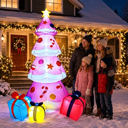 9 FT Inflatable Christmas Tree Blow-up Xmas Tree Decoration with LED Lights Star Treetop & Colorful Candy for Xmas Holiday Party Indoor Garden Patio,Pink
