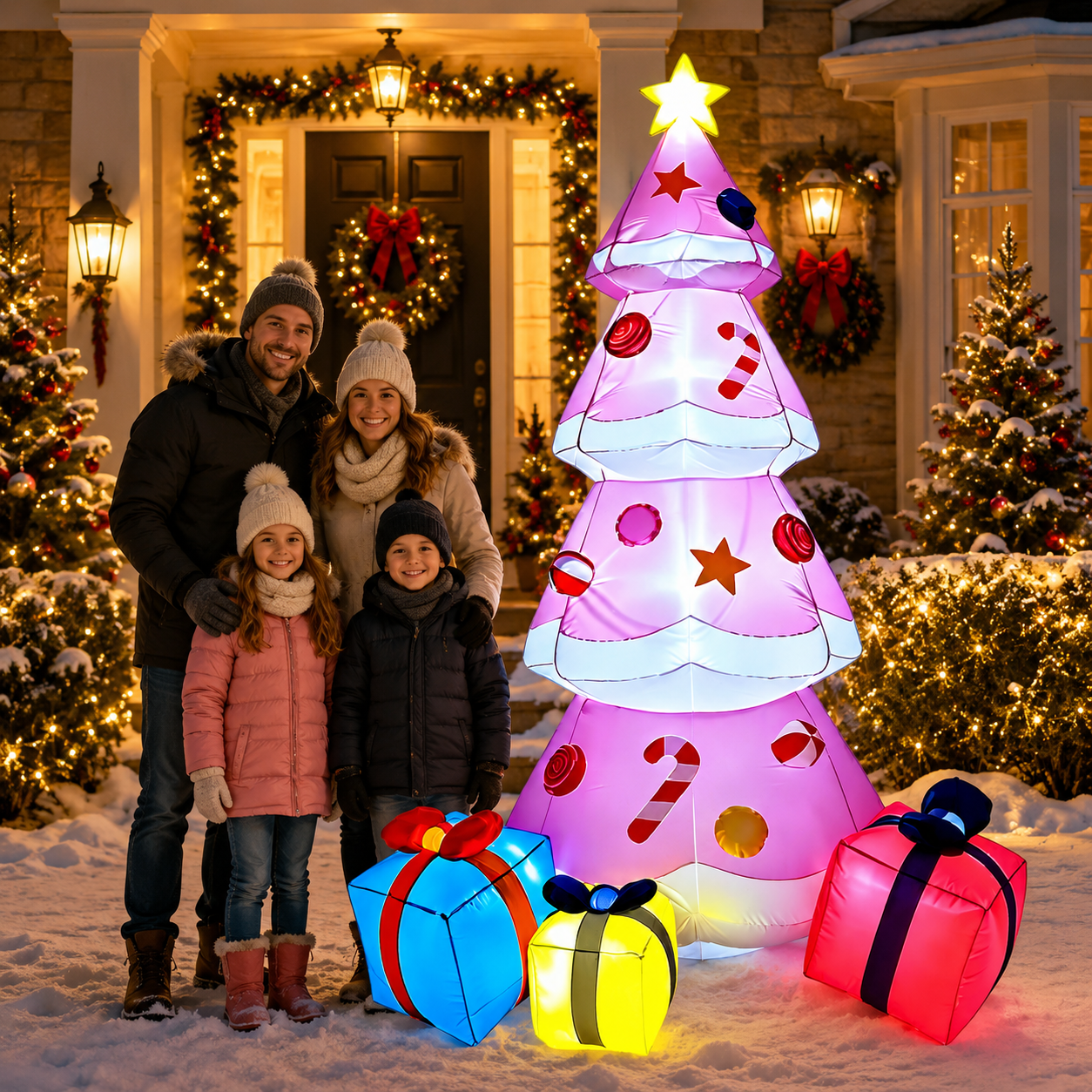 9 FT Inflatable Christmas Tree Blow-up Xmas Tree Decoration with LED Lights Star Treetop & Colorful Candy for Xmas Holiday Party Indoor Garden Patio,Pink