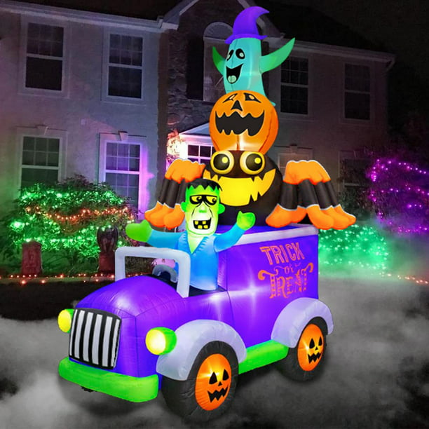 iFanze 8FT Halloween Inflatables Decor Frankenstein Driving A Car with Spider, Pumpkin and Ghost, LED Lights Built-in, Indoor Outdoor Holiday Yard Blow Up Decorations