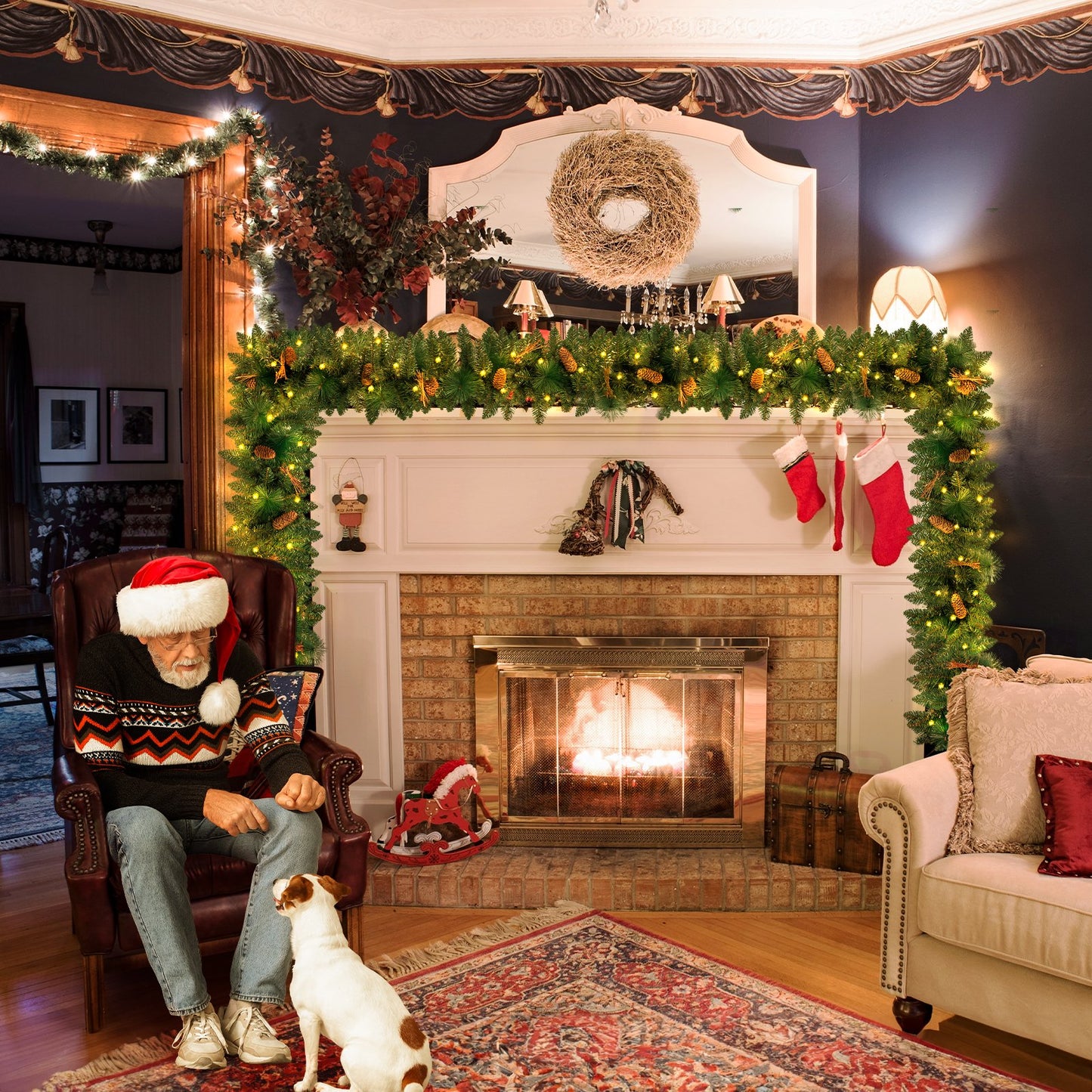 9ft Outdoor Pre-Lit Christmas Garland for Fireplace Mantel Stairs Doorway Indoor Outdoor Xmas Holiday Decoration,Battery Operated LED Lights