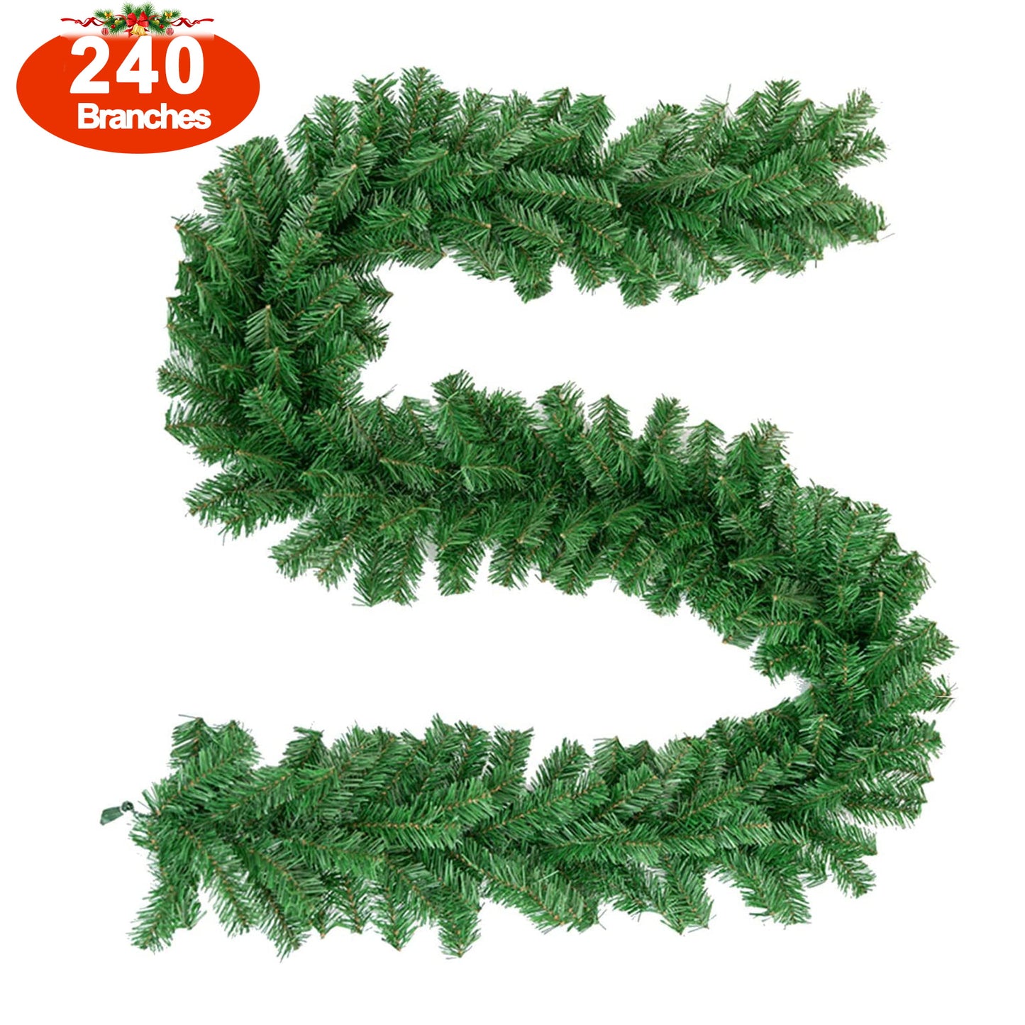 Melliful 9ft Christmas Garland, Xmas Decorations DIY Non-Lit Pine Artificial Garland with 240 Tips for Outdoor Indoor Door Stairs Fireplace Mantel Front Porch ,Green