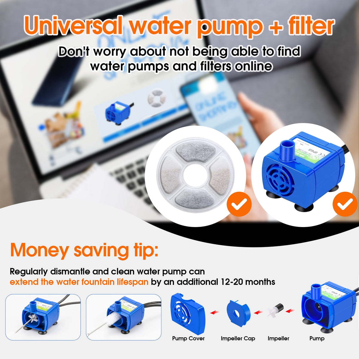 Qunler Cat Water Fountain, 80oz Automatic Pet Drinking Fountain with Stainless Steel Bowl, Ultra-Quiet Circulating Filter System with LED Light for Cats