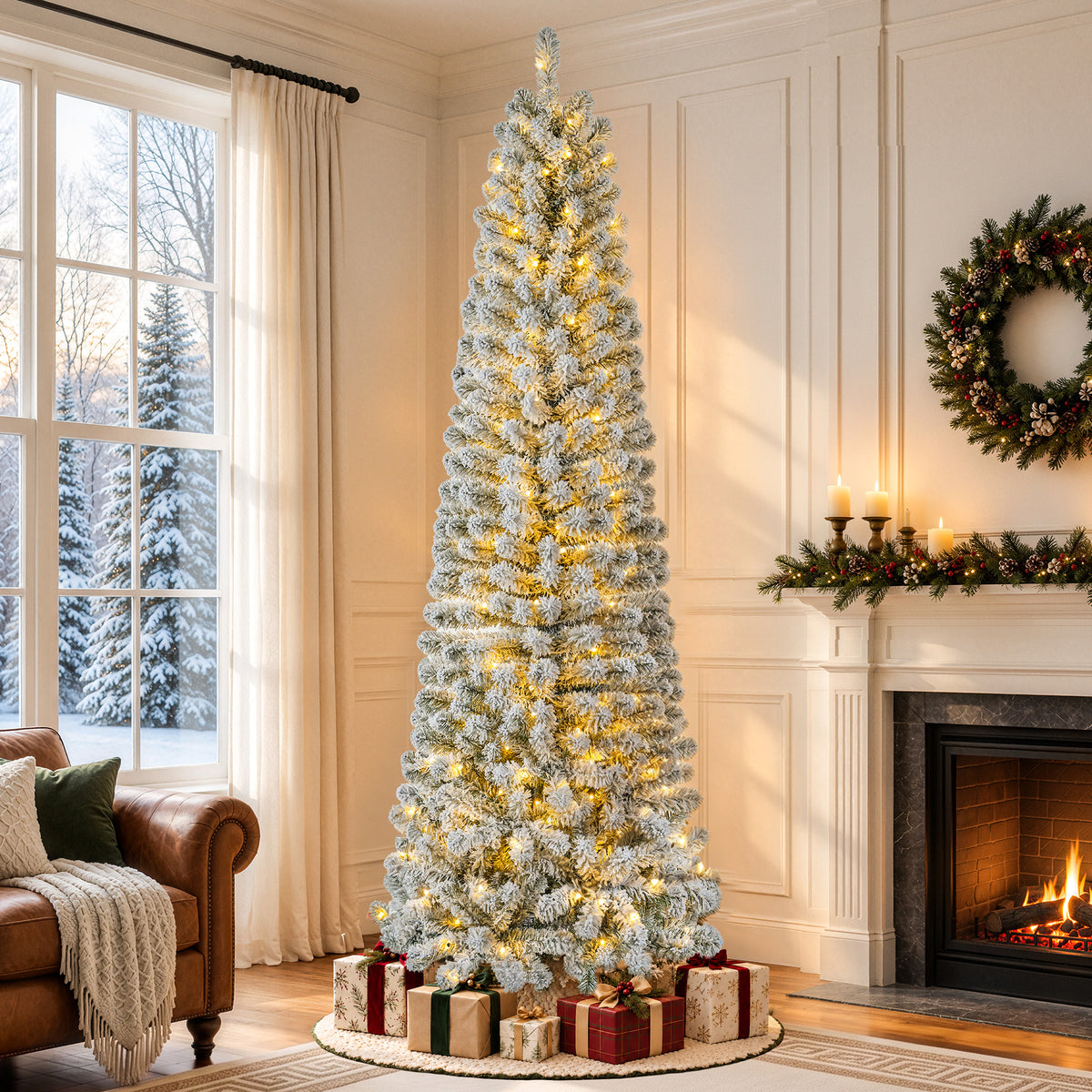 7ft Pre-Lit Snow Flocked Pencil Christmas Tree Hinged Slim Skinny Corner Xmas Tree with 300 Warm & Multicolor Lights & 640 Snow Branch Tips