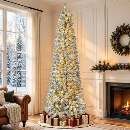 7ft Pre-Lit Snow Flocked Pencil Christmas Tree Hinged Slim Skinny Corner Xmas Tree with 300 Warm & Multicolor Lights & 640 Snow Branch Tips