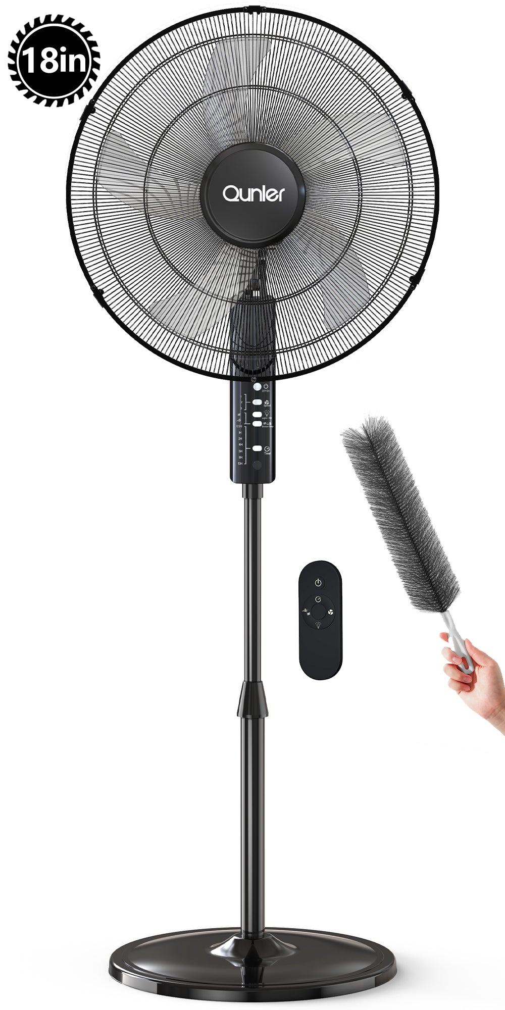 Qunler 18" Oscillating 3-Speed Pedestal Fan with Remote and Timer, Adjustable Quiet Stand Up Fan for Home and Bedroom, Black