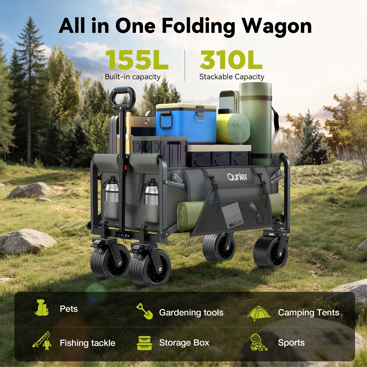 Qunler Collapsible Wagon Cart Foldable with Side Pocket, 560lbs Folding Utility Wagon with Tank Wheels for Camping, Shopping, Grocery, Garden, Grey