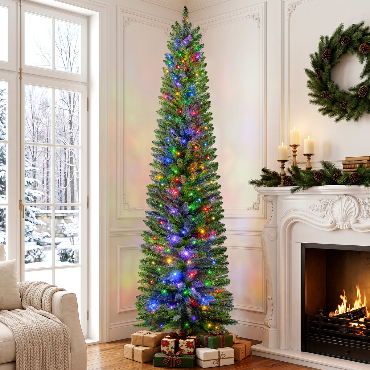 7ft Pre-Lit Pencil Christmas Tree, 663 Tip Artificial Xmas Tree with 250 Dual-Color LEDs, 10 Lighting Modes, Metal Stand, Green