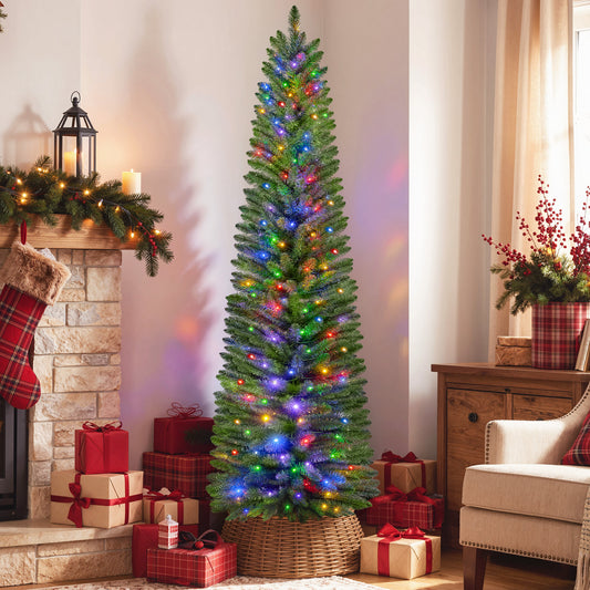 6ft Pre-Lit Pencil Christmas Tree, Artificial Xmas Tree with 210 Dual-Color LEDs, 10 Lighting Modes, Metal Stand, Green