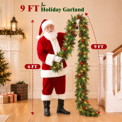 2Pack Pre-Lit 9ft Christmas Garland, Artificial Garland with Lights 300 Tips for Outdoor Indoor Door Stairs Front Fireplace Mantel Porch ,Green