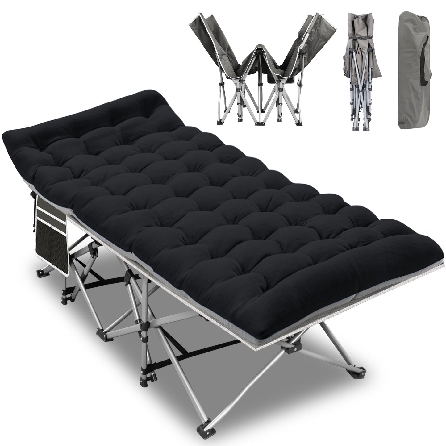 XXXL Folding Camping Cots for Adults, Oversized 83"* 32" Portable Guest Bed with 4 Inch Double-Sided Mattress, 800lbs Loading Sleeping Cot with Carry Bags for Hiking Home Office, Black