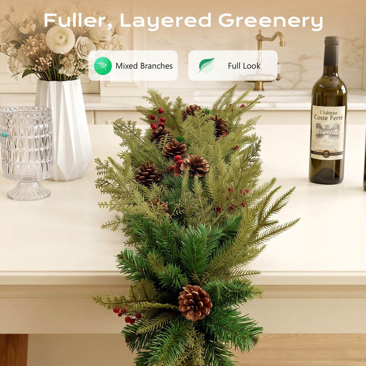 2 Pack - 9ft Outdoor Pre-Lit Christmas Garland, PE+PVC Lighted Pine Garland for Fireplace Mantel with Lights & Timer, 8 Modes, Battery Operated, Green