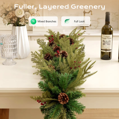 2 Pack - 9ft Outdoor Pre-Lit Christmas Garland, PE+PVC Lighted Pine Garland for Fireplace Mantel with Lights & Timer, 8 Modes, Battery Operated, Green