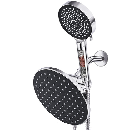 Qunler 8.4" Dual Shower Head with Filter, 6 Modes 3-Way Rainfall High Pressure Shower Head with Handheld Combo 72" Long Hose, Black