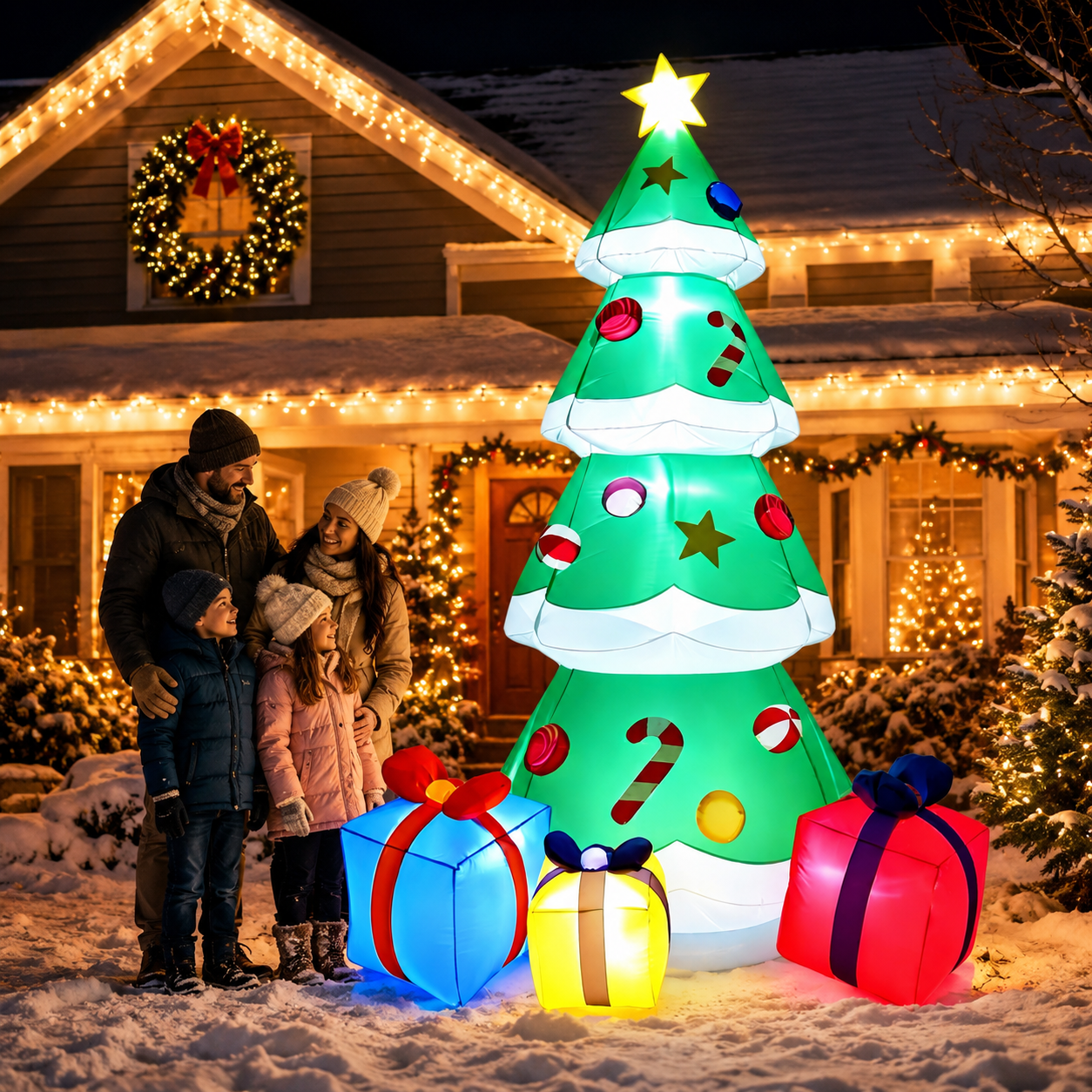 10 FT Inflatable Christmas Tree Blow-up Xmas Tree Decoration with LED Lights Star Treetop & Colorful Candy for Xmas Holiday Party Indoor Garden Patio