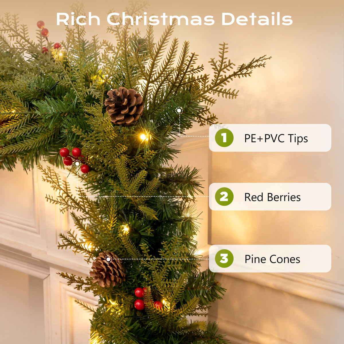 2 Pack - 9ft Outdoor Pre-Lit Christmas Garland, PE+PVC Lighted Pine Garland for Fireplace Mantel with Lights & Timer, 8 Modes, Battery Operated, Green