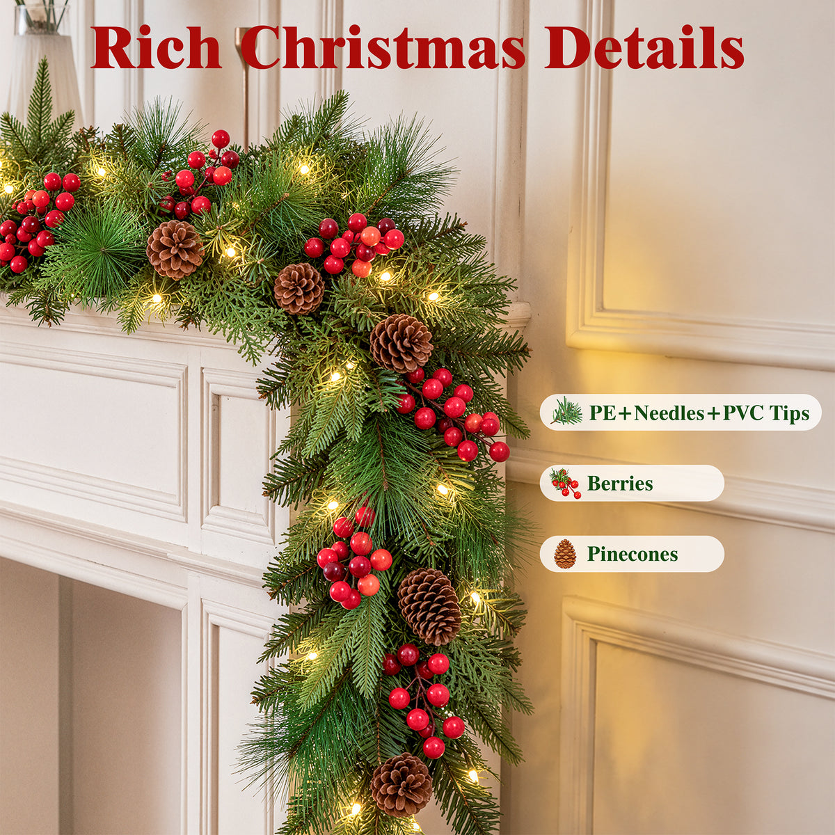 2Pack Pre-Lit 9ft Christmas Garland, Artificial Garland with Lights 300 Tips for Outdoor Indoor Door Stairs Front Fireplace Mantel Porch ,Green