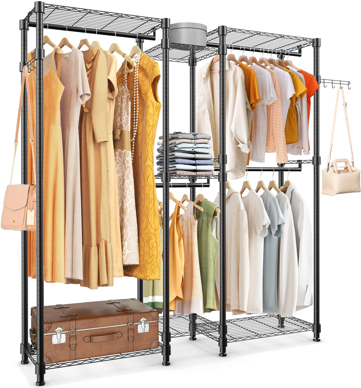 Qunler Portable Closet Garment Rack, Adjustable Heavy Duty Clothes Rack, 72" L x 15.7" W x 76.8" H Freestanding Wire Shelving Custom Clothing Rack, Metal Wardrobe Max Load 750 LBS, Black