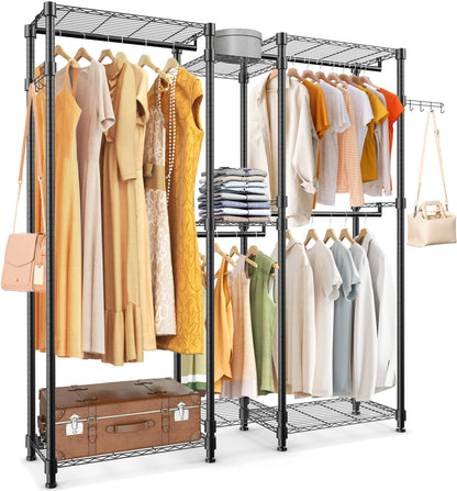 Qunler Portable Closet Garment Rack, Adjustable Heavy Duty Clothes Rack, 72" L x 15.7" W x 76.8" H Freestanding Wire Shelving Custom Clothing Rack, Metal Wardrobe Max Load 750 LBS, Black