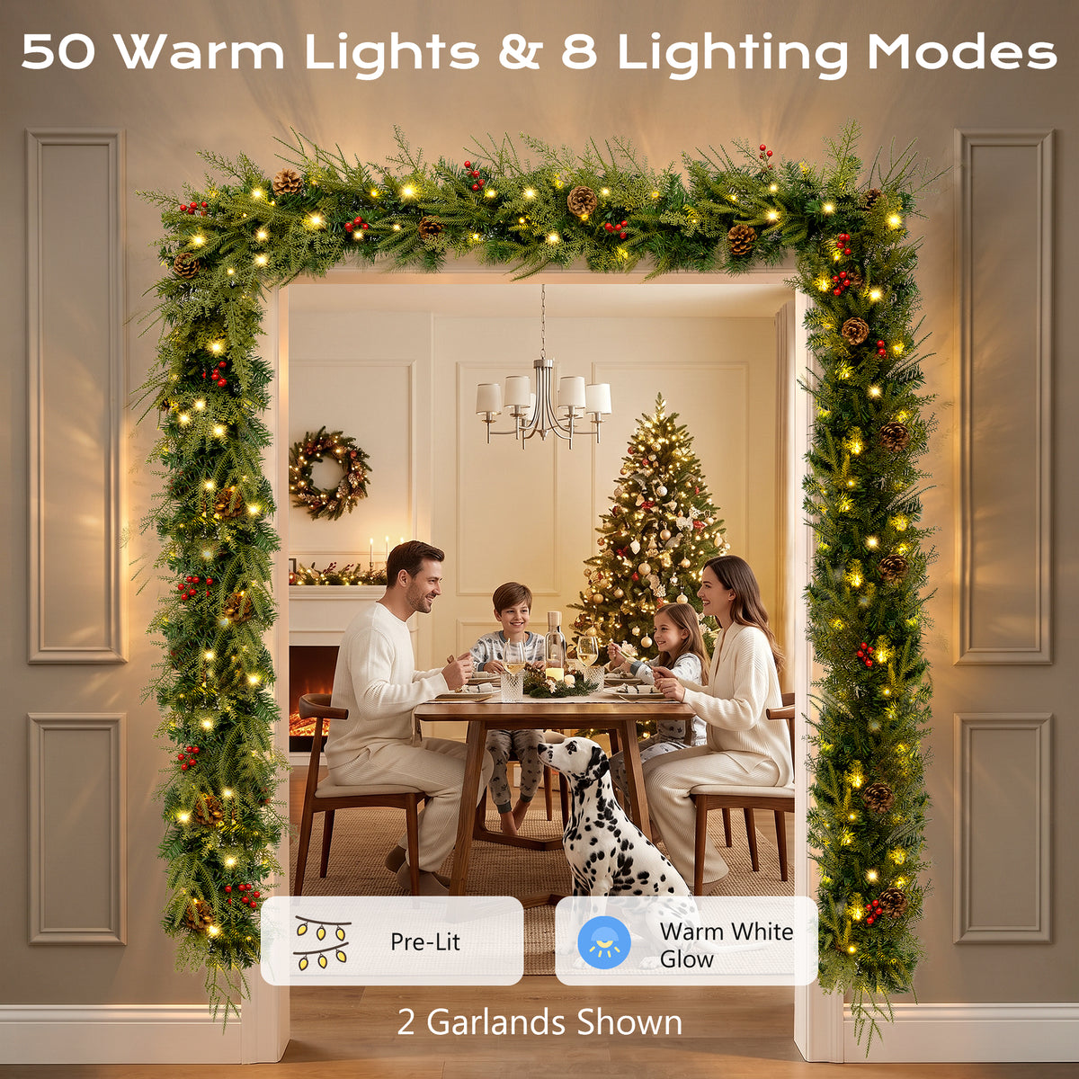 2 Pack - 9ft Outdoor Pre-Lit Christmas Garland, PE+PVC Lighted Pine Garland for Fireplace Mantel with Lights & Timer, 8 Modes, Battery Operated, Green