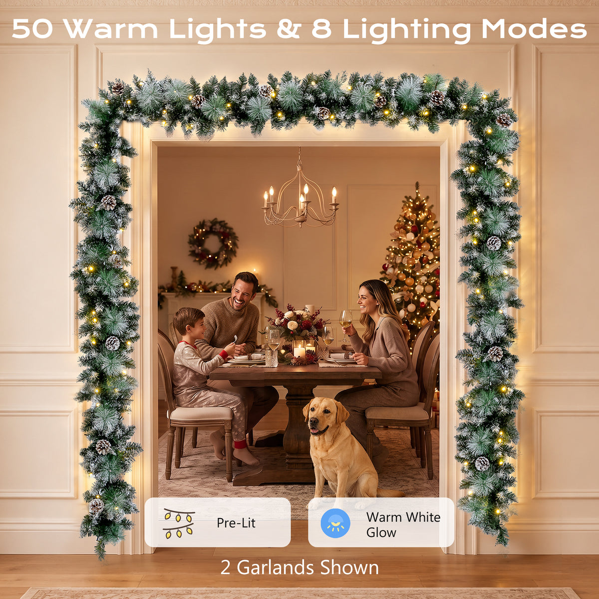 2 Pack 9ft Pre-Lit Christmas Garland with 100 LED Lights w/ 8 Modes & Timer for Outdoor Indoor Xmas Decoration Fireplace Mantle Stairs Doorway Railings Decor, Battery Operated
