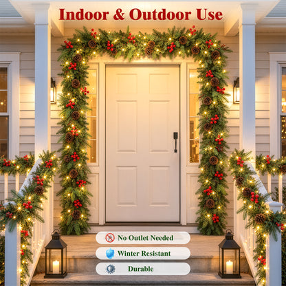 2Pack Pre-Lit 9ft Christmas Garland, Artificial Garland with Lights 300 Tips for Outdoor Indoor Door Stairs Front Fireplace Mantel Porch ,Green