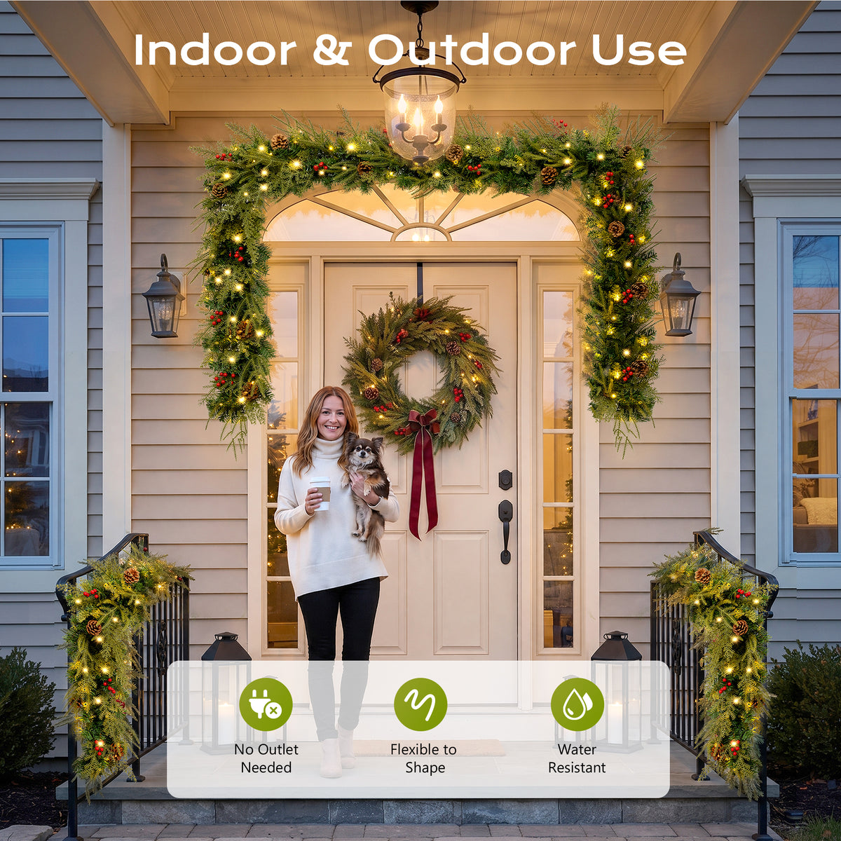 2 Pack - 9ft Outdoor Pre-Lit Christmas Garland, PE+PVC Lighted Pine Garland for Fireplace Mantel with Lights & Timer, 8 Modes, Battery Operated, Green