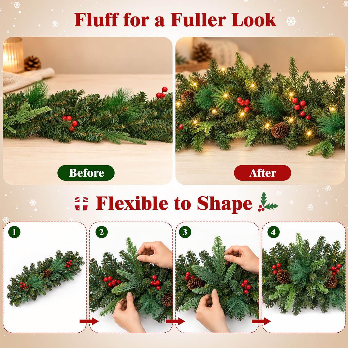 2Pack Pre-Lit 9ft Christmas Garland, Artificial Garland with Lights 300 Tips for Outdoor Indoor Door Stairs Front Fireplace Mantel Porch ,Green
