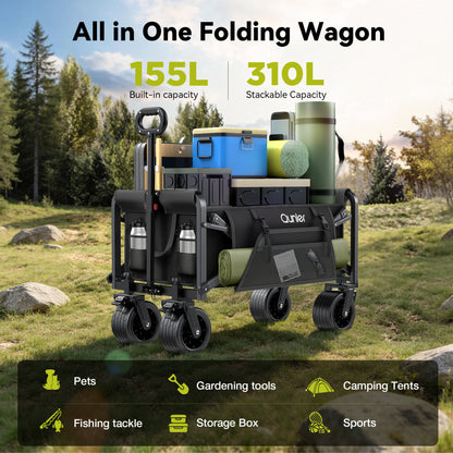 Qunler 560lbs Large Collapsible Folding Wagon with Oversized Tank Wheels, Heavy Duty Big Bucket Utility Garden Cart with Side Pocket for Sports, Shopping, Camping, Kids, Black