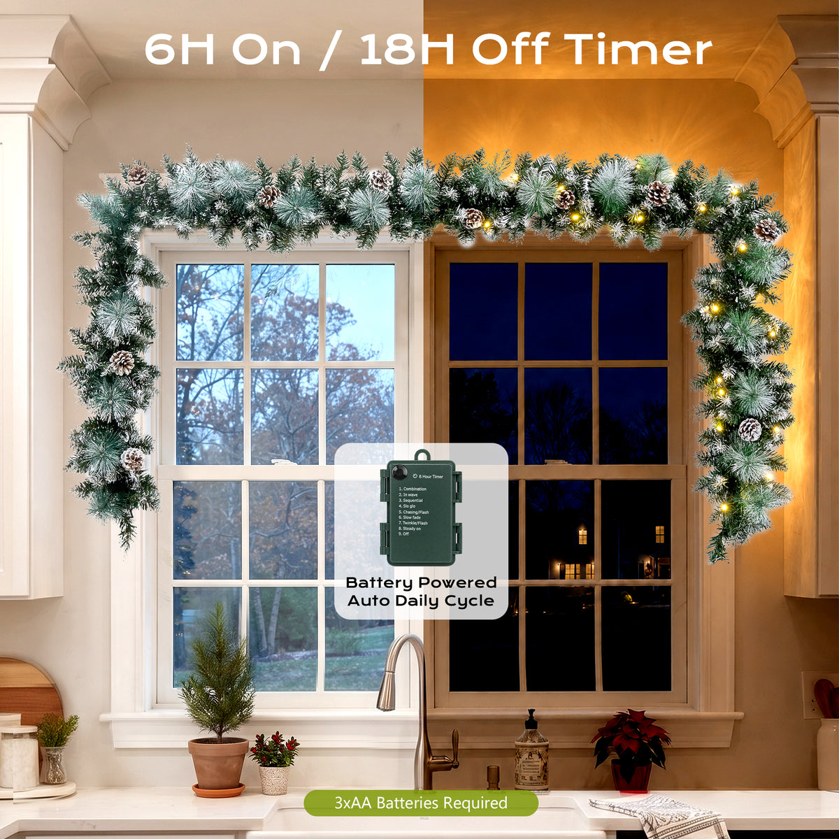 9ft Pre-Lit Christmas Garland with LED Lights w/ 8 Modes & Timer for Outdoor Indoor Xmas Decoration Fireplace Stairs Doorway Railings Decor, Battery Operated