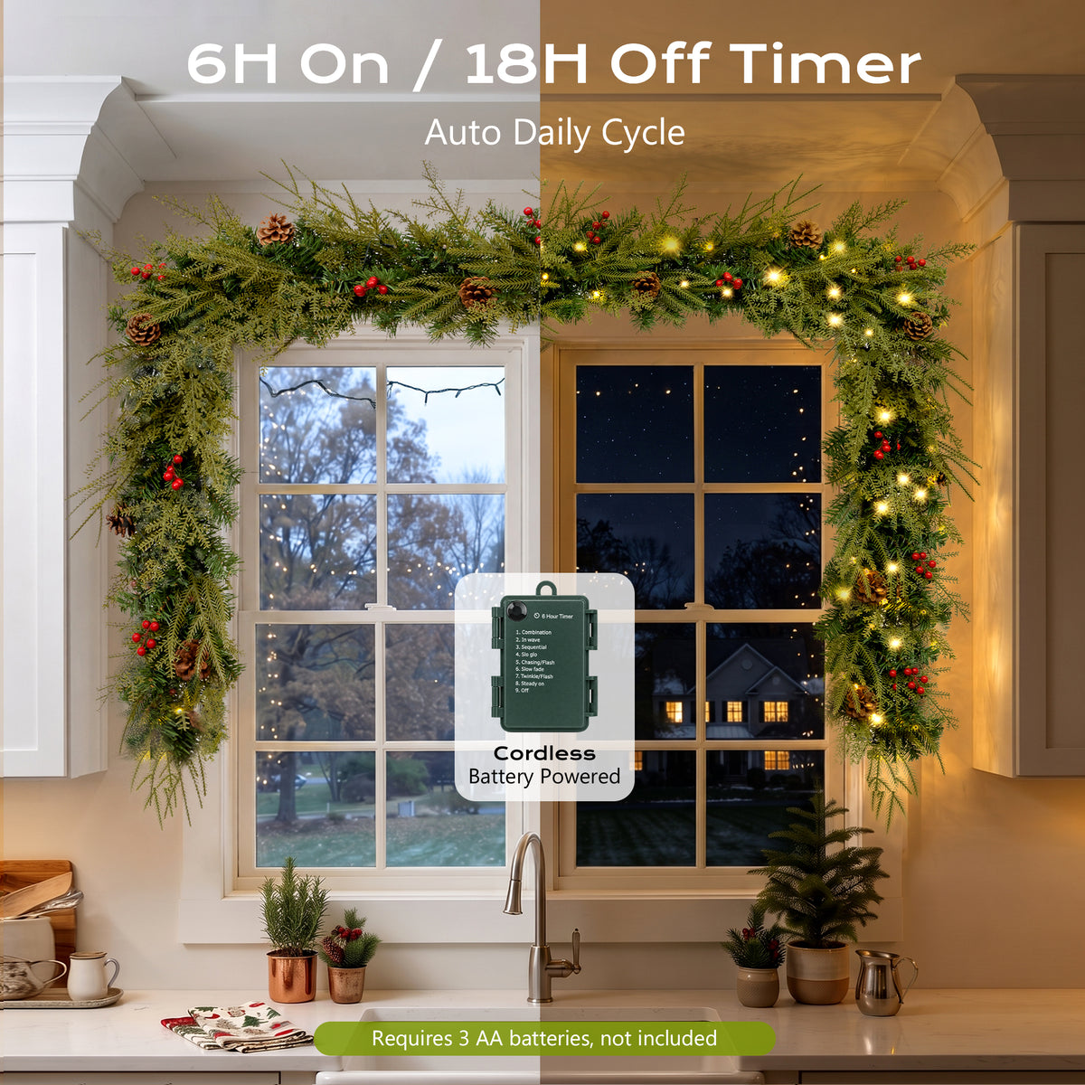 2 Pack - 9ft Outdoor Pre-Lit Christmas Garland, PE+PVC Lighted Pine Garland for Fireplace Mantel with Lights & Timer, 8 Modes, Battery Operated, Green