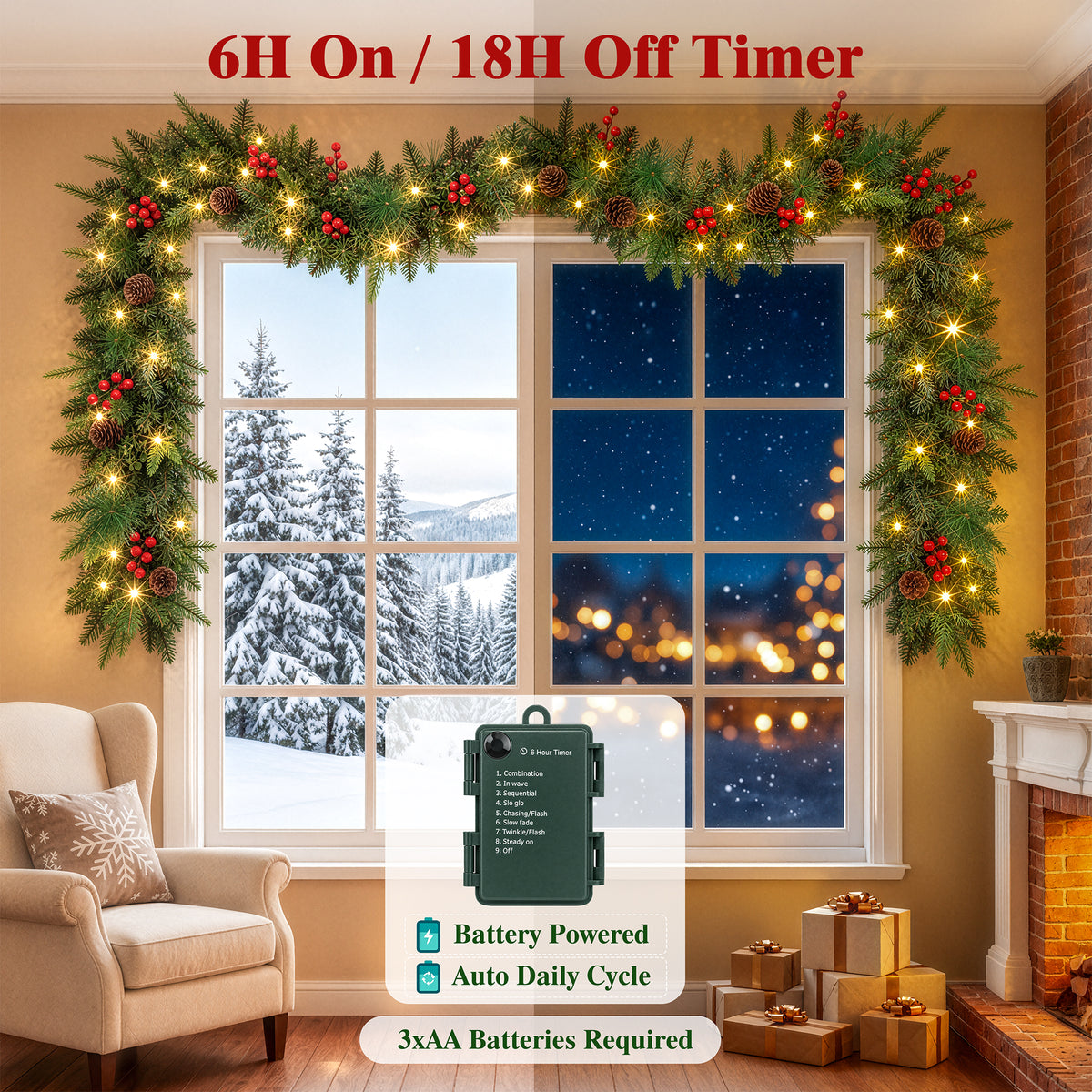 2Pack Pre-Lit 9ft Christmas Garland, Artificial Garland with Lights 300 Tips for Outdoor Indoor Door Stairs Front Fireplace Mantel Porch ,Green