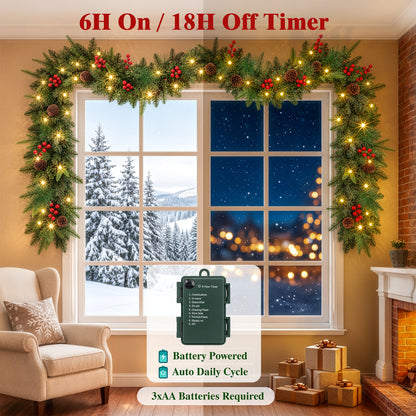 2Pack Pre-Lit 9ft Christmas Garland, Artificial Garland with Lights 300 Tips for Outdoor Indoor Door Stairs Front Fireplace Mantel Porch ,Green