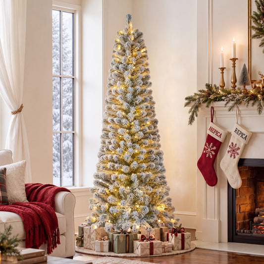 6ft Pre-Lit Snow Flocked Pencil Christmas Tree, Artificial Slim Xmas Tree with Warm White & 10 Modes Multicolor Lights for Holiday Decor