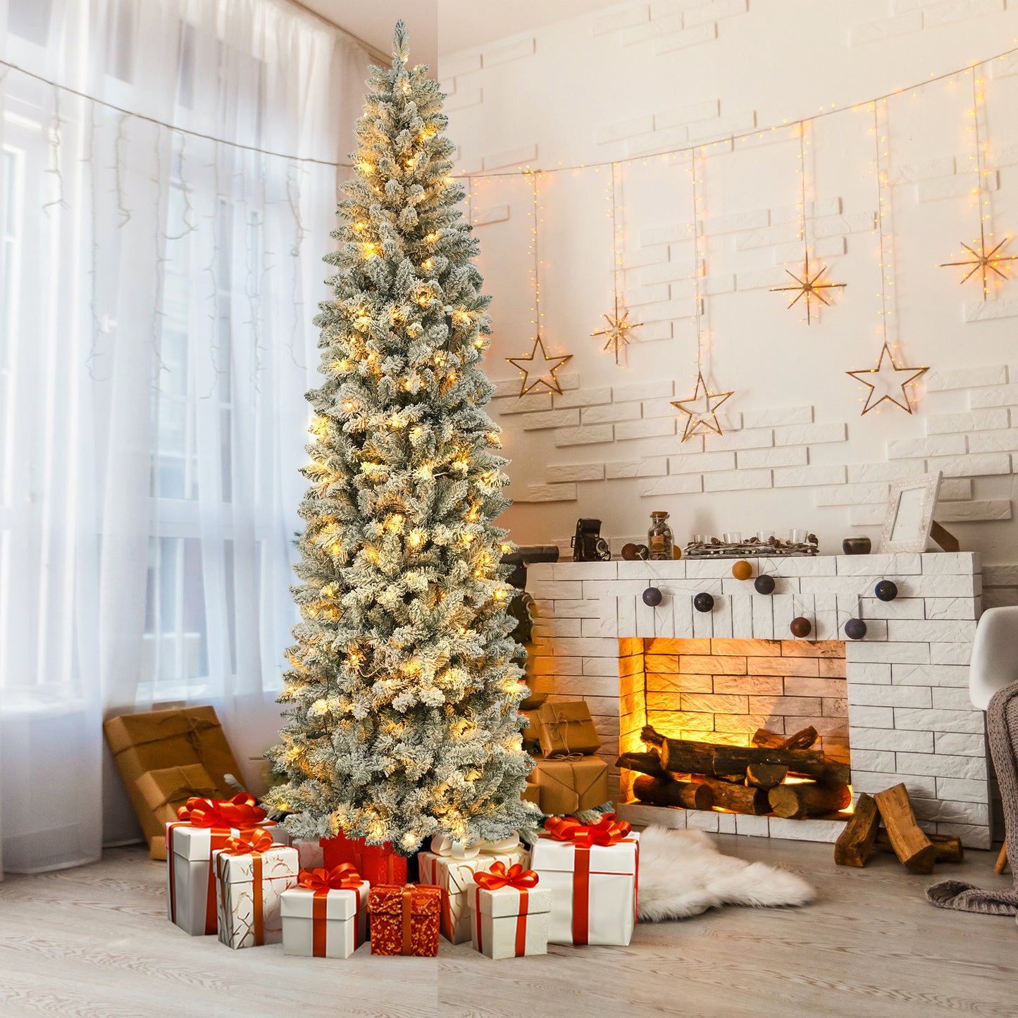 7.5FT Pre-Lit Pencil Christmas Tree, 250 Lights 1000 Tips Artificial Xmas Tree