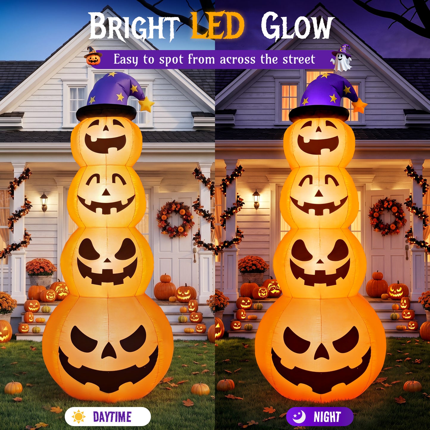 8 ft Halloween Pumpkin Stack Inflatable Decoration with Witch Hat, Lighted Blow up Yard Decor for Outdoor Lawn Garden