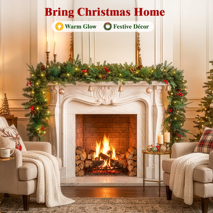 2Pack Pre-Lit 9ft Christmas Garland, Artificial Garland with Lights 300 Tips for Outdoor Indoor Door Stairs Front Fireplace Mantel Porch ,Green
