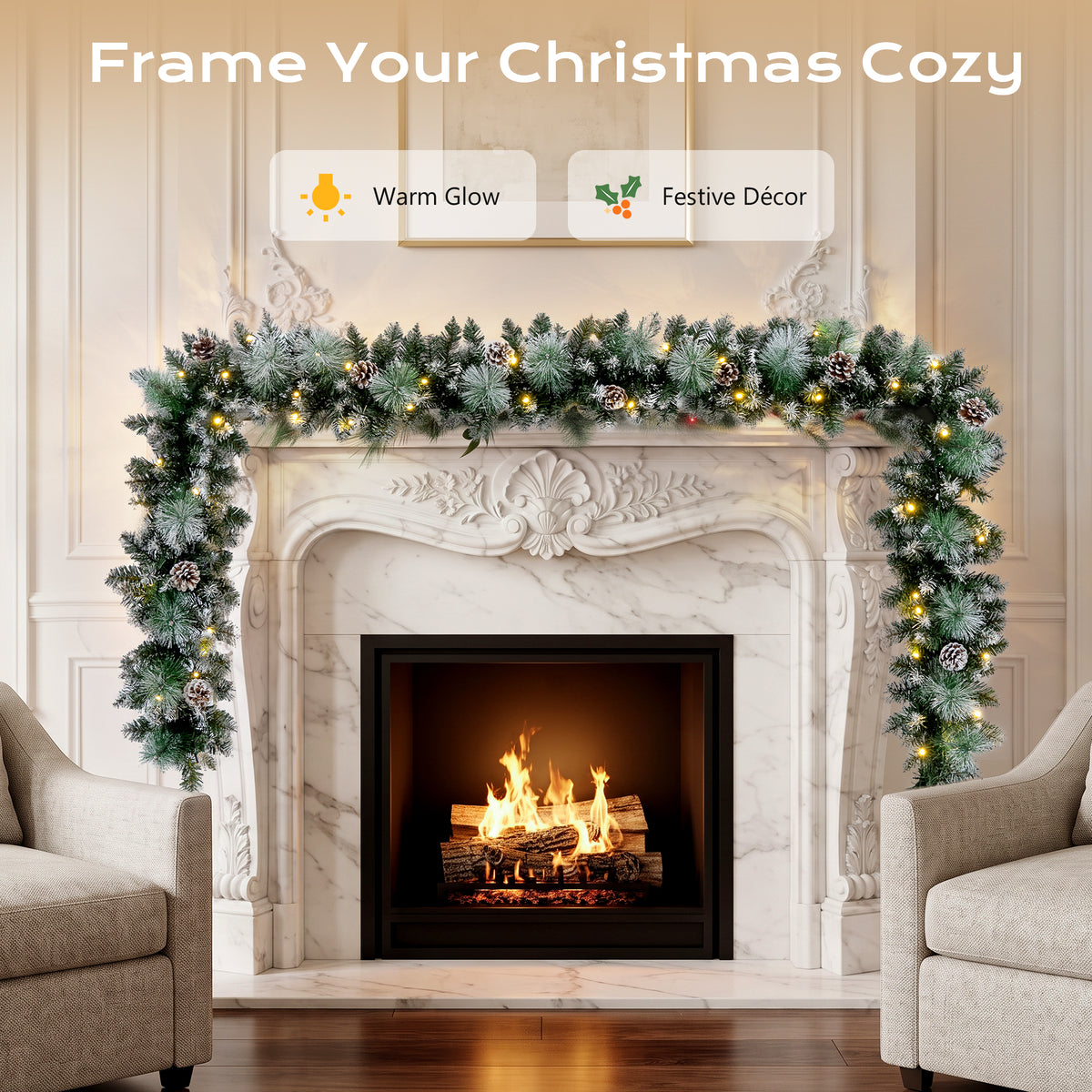 9ft Pre-Lit Christmas Garland with LED Lights w/ 8 Modes & Timer for Outdoor Indoor Xmas Decoration Fireplace Stairs Doorway Railings Decor, Battery Operated