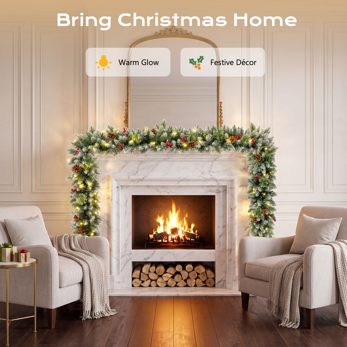 Qunler 9ft Outdoor Pre-Lit Christmas Garland with Lights & Timer for Fireplace Mantel Indoor Outdoor Christmas Decoration, 8 Modes, Battery Operated, Green