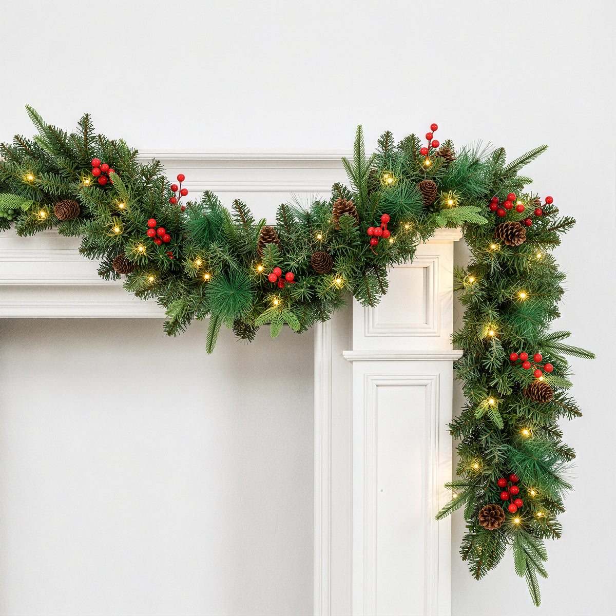 9ft Outdoor Pre-Lit Christmas Garland for Fireplace Mantel Stairs Doorway Indoor Outdoor Xmas Holiday Decoration,Battery Operated LED Lights
