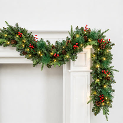 9ft Outdoor Pre-Lit Christmas Garland for Fireplace Mantel Stairs Doorway Indoor Outdoor Xmas Holiday Decoration,Battery Operated LED Lights