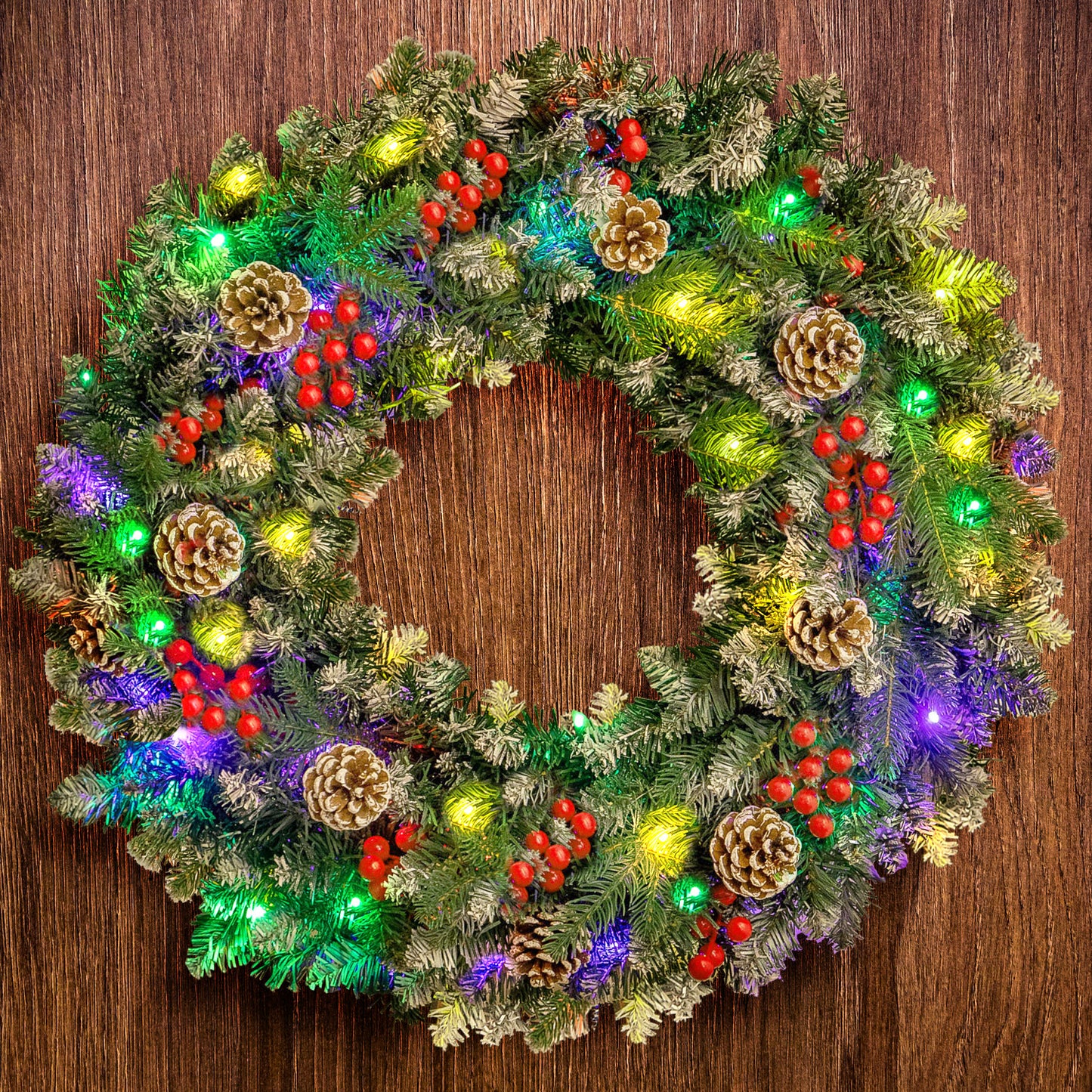 24" Pre-Lit Christmas Wreaths, Outdoor Lighted Christmas Wreath for Front Door, Christmas Red Berries, Pine Cones Wreath, Xmas Wreath Decor for Window Fireplace Indoor, Green