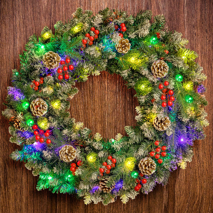 24" Pre-Lit Christmas Wreaths, Outdoor Lighted Christmas Wreath for Front Door, Christmas Red Berries, Pine Cones Wreath, Xmas Wreath Decor for Window Fireplace Indoor, Green