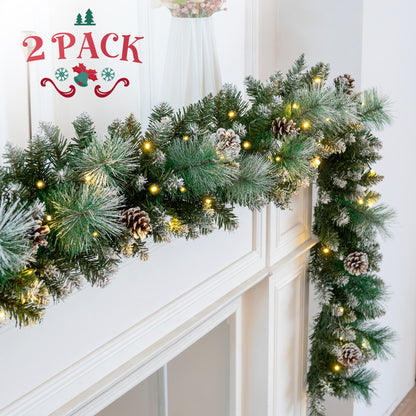 2 Pack 9ft Pre-Lit Christmas Garland with 100 LED Lights w/ 8 Modes & Timer for Outdoor Indoor Xmas Decoration Fireplace Mantle Stairs Doorway Railings Decor, Battery Operated