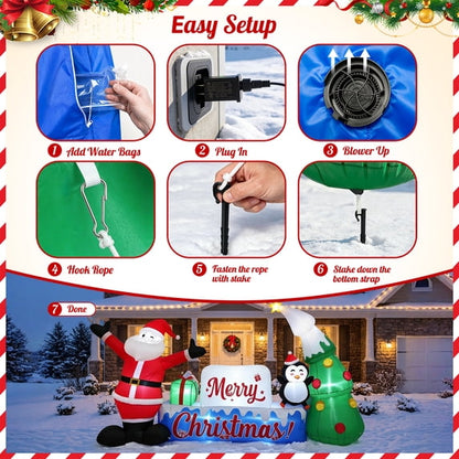 12ft Christmas Inflatables, Lighted Merry Christmas Sign with Santa, Christmas Tree, and Penguin, Giant Blow Up Outdoor Christmas Lawn Yard Decoration