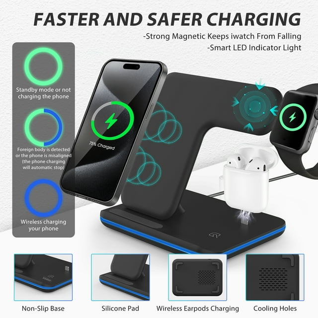 Wireless Charger, 3 in 1 Qi-Certified 15W Fast Charging Dock Station/ Stand, Compatible for iPhone Series 15/14/13/12/11/XS/MAX /XR/XS/X/Apple Watch Charger 9 8/7/ 6/5/4/3, Air Pods Pro/Samsung, Black
